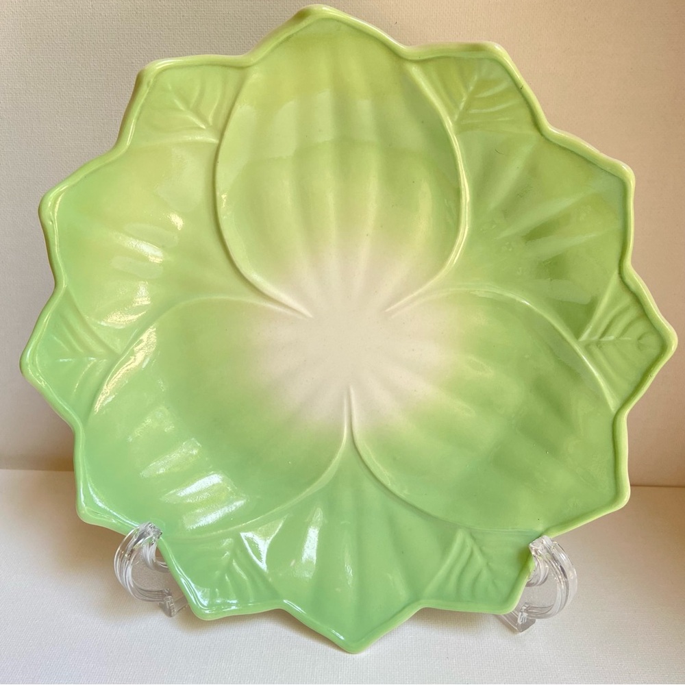 Anchor Hocking Lotus Blossom plate green glaze over white glass 8 inch vintage